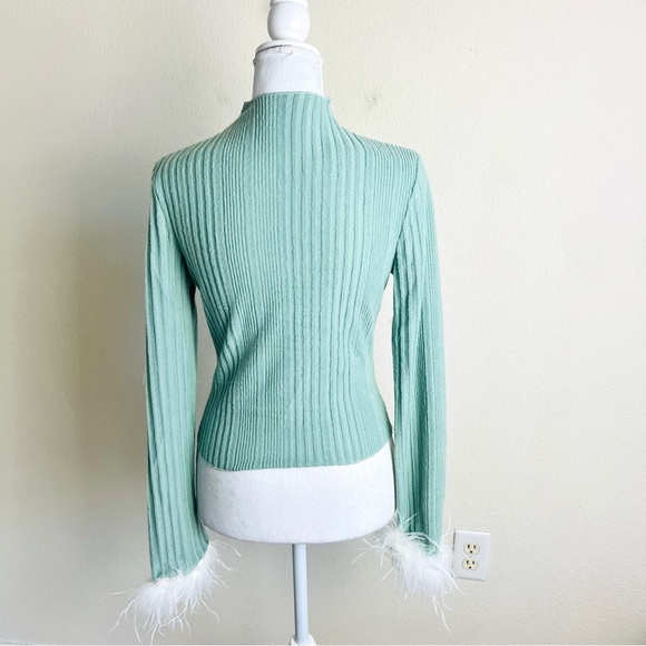 Seafoam Green Ribbed High Neck White Fuzzy Feather Cuff Trim Long Sleeve Blouse - Picture 3 of 4